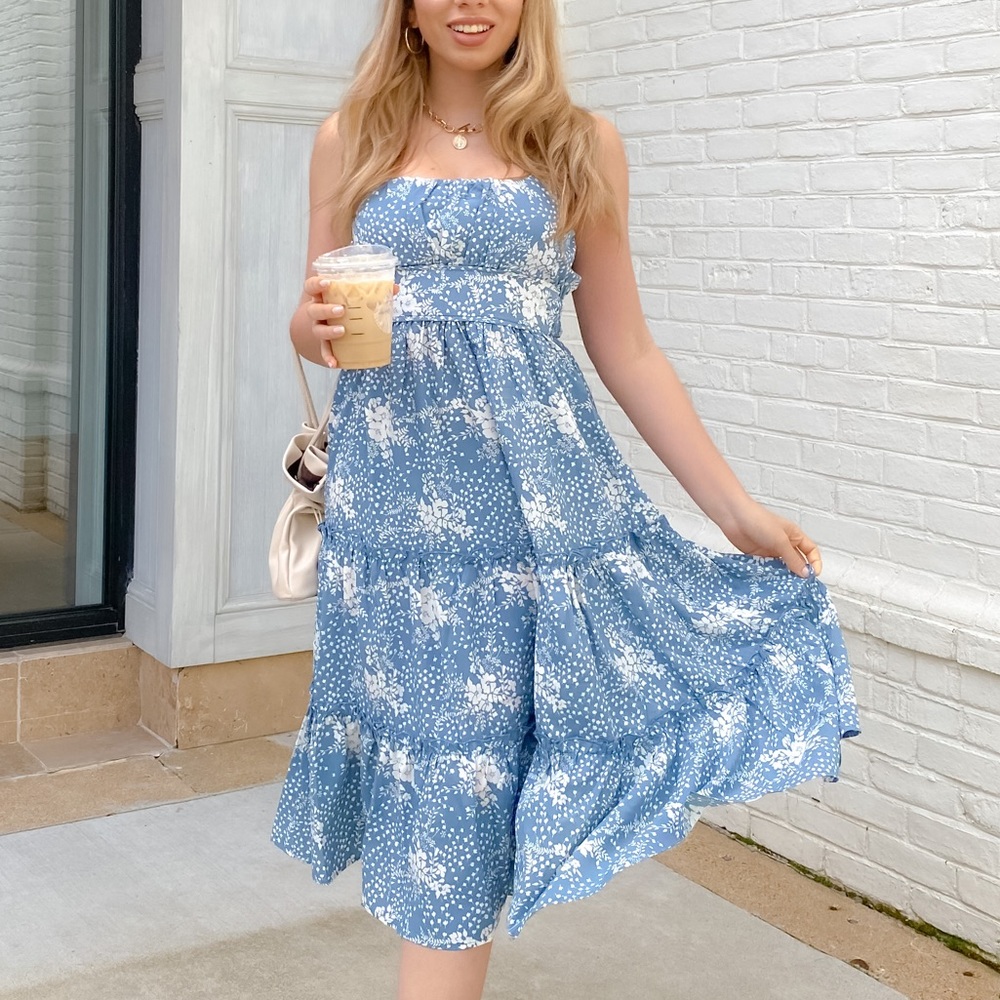 Blue Floral Spaghetti Strap Dress